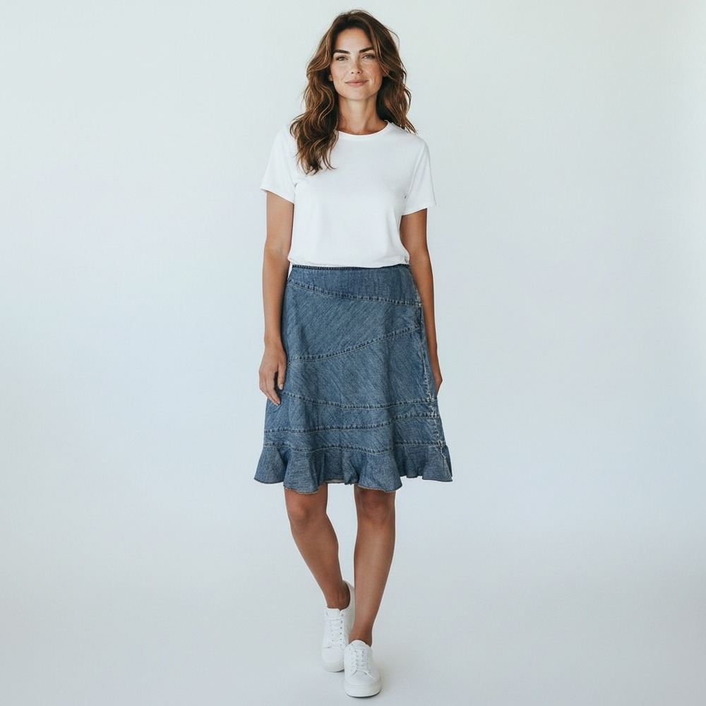 GAP Denim Skirt Sz12 Blue Ruffle Midi Y2K Boho Cowgirl Cottage Country Western